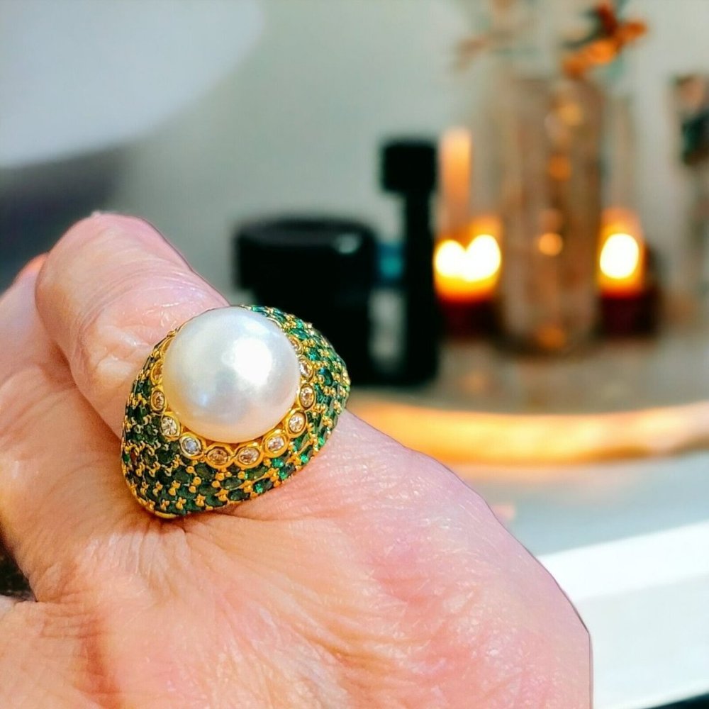 Freshwater White Pearl 11mm Women Size 7 Simulated Diamond Ring Gold Tone Vtg St